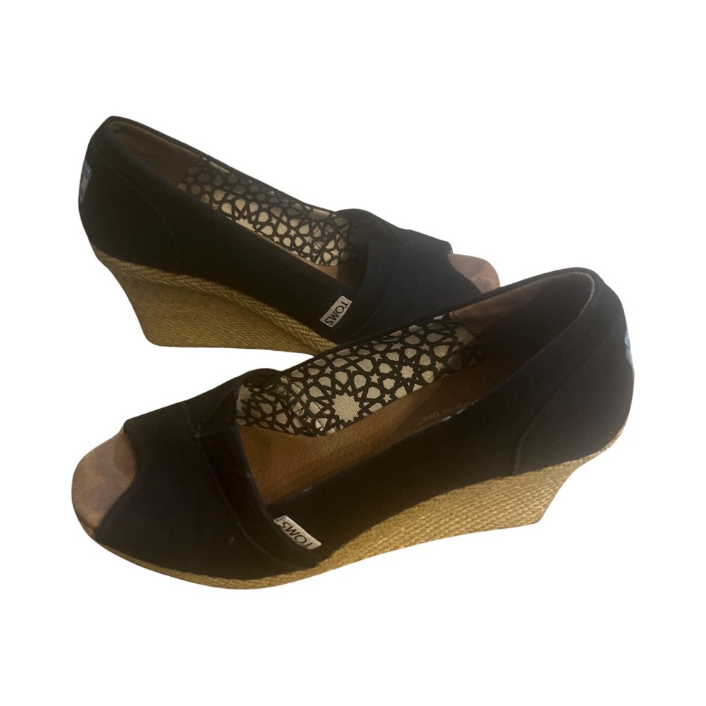 Toms Michelle Espadrille Wedge Sandal Black Canvas Open Peep Toe Sz 9